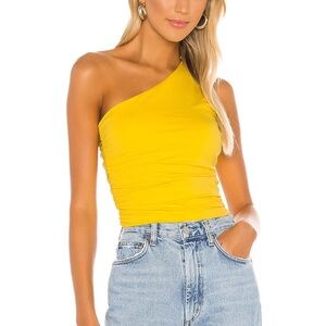 Superdown Anna Ruched yellow one shoulder top XS